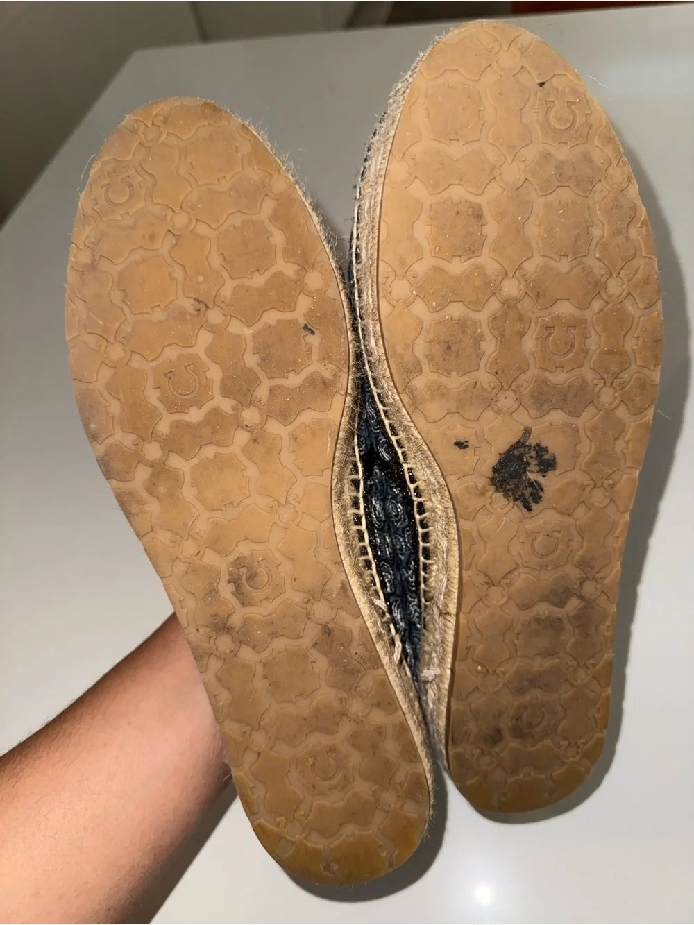 Salvatore Ferragamo Navy Patterned Canvas Espadrille Loafers with Gold Bit